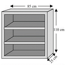 A wooden bookshelf has external dimensions as follows: Height = 110 cm,  Depth =25 cm, Breadth = 85 cm see the given figure. The thickness of the  plank is 5 cm everywhere.